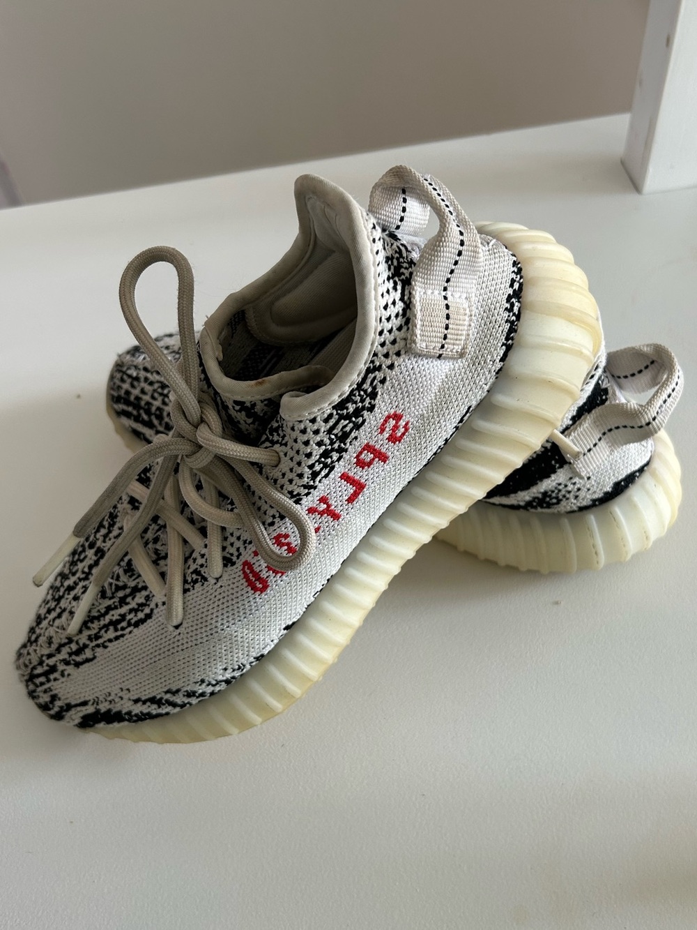adidas Women’s Zebra Knit Sneakers with Cream Sole and Red Accent